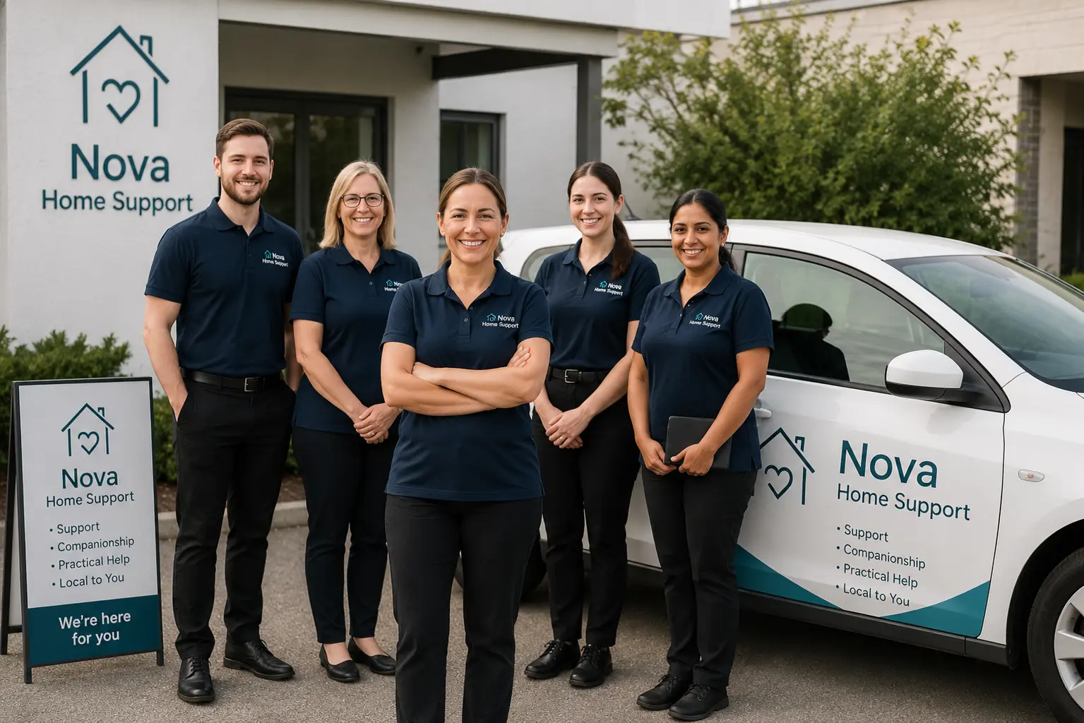 Nova Home Support team speaking with clients in a warm home setting